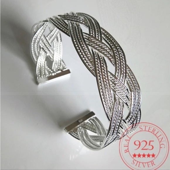 Braided Design Sterling Silver Bangle Cuff Bracelet Matching Ring Set - Picture 7 of 12
